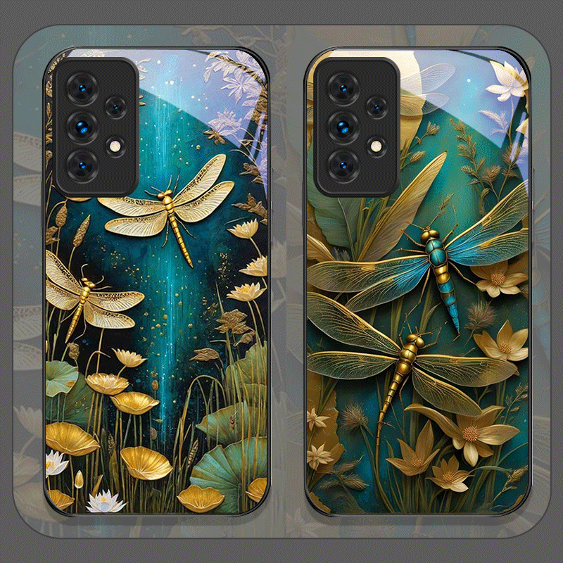 Phone Cases For Samsung A14 - Bloem Gouden Libel Gehard Glas Telefoon