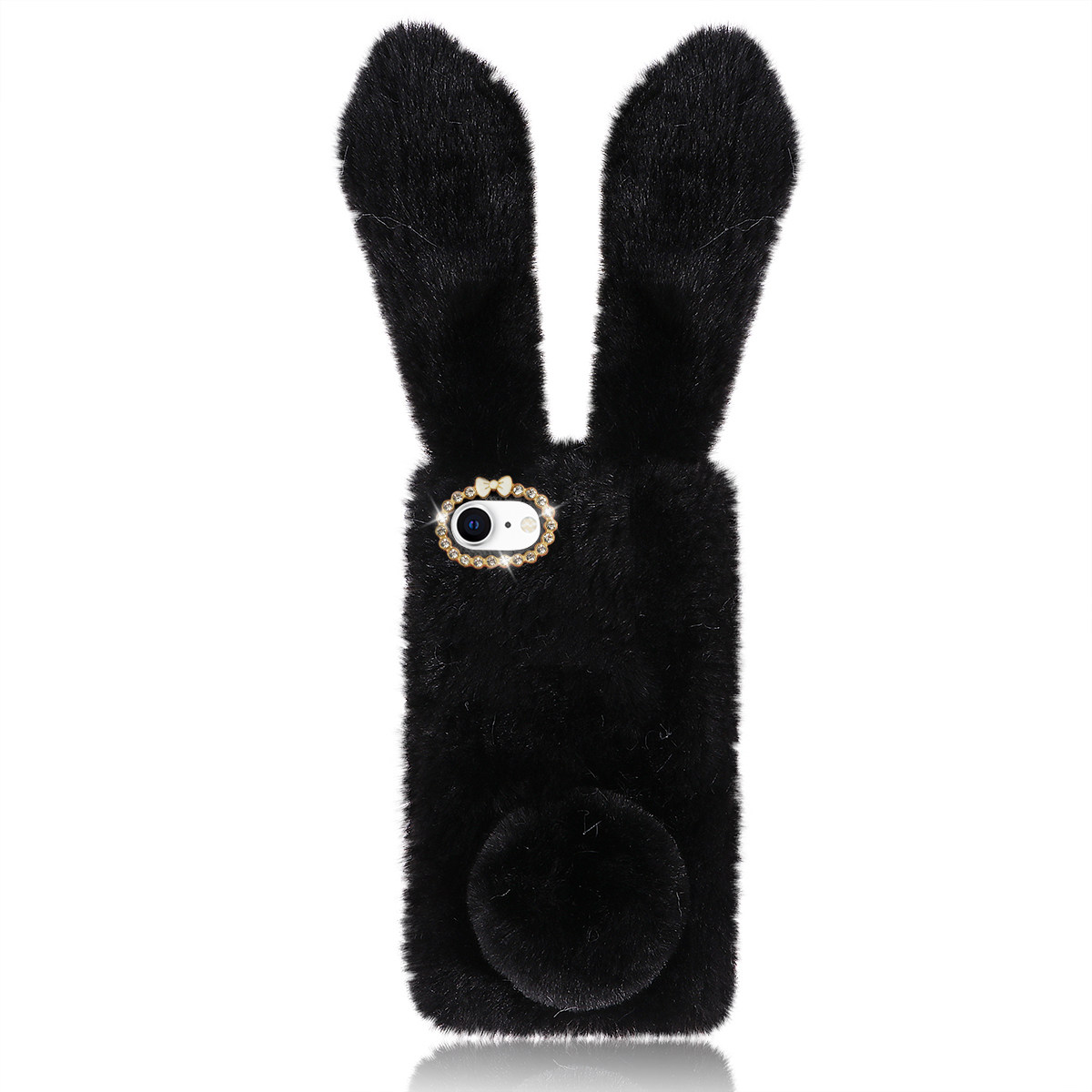 Phone Cases Designer - Zwarte schattige telefoonhoes met konijnenmotief, strass