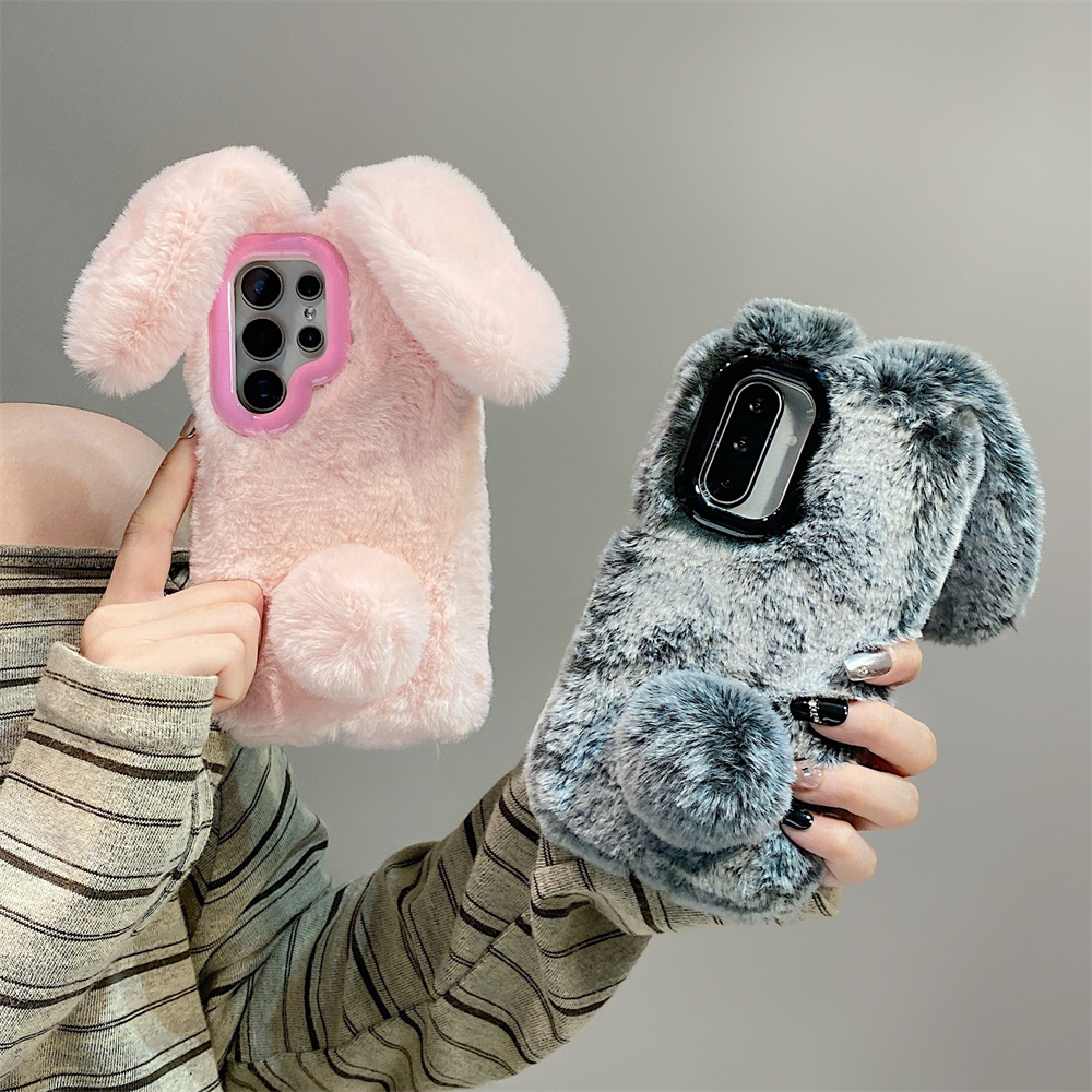 Phone Cases With Stand - Schattige Konijnenoren Pluizige Stand Telefoon Case